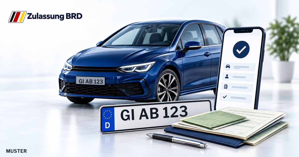 Online Fahrzeugzulassung in Lich: Musterkennzeichen GI AB 123, Auto und Fahrzeugpapiere und Smartphone. Illustration mit Logo von Zulassung BRD.